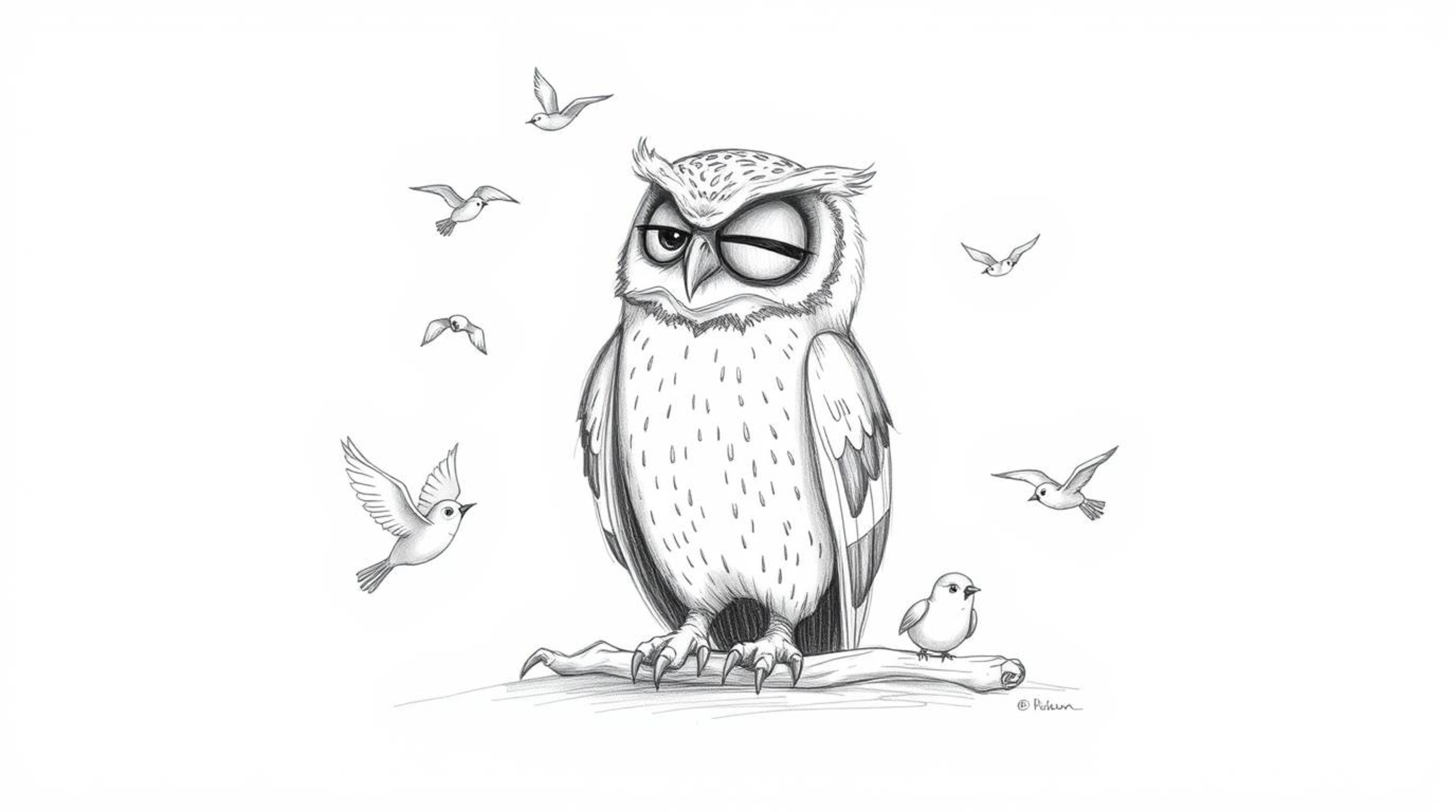 A textured pencil sketch depicting a blind owl, rendered in a Pixar-esque style, patiently teaching young birds how to fly. T