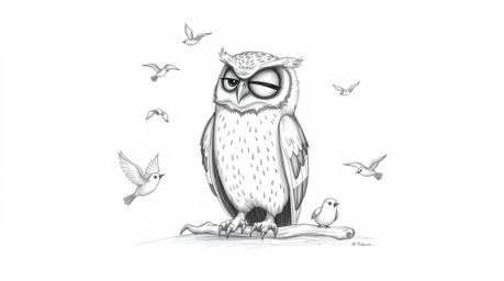 A textured pencil sketch depicting a blind owl, rendered in a Pixar-esque style, patiently teaching young birds how to fly. T