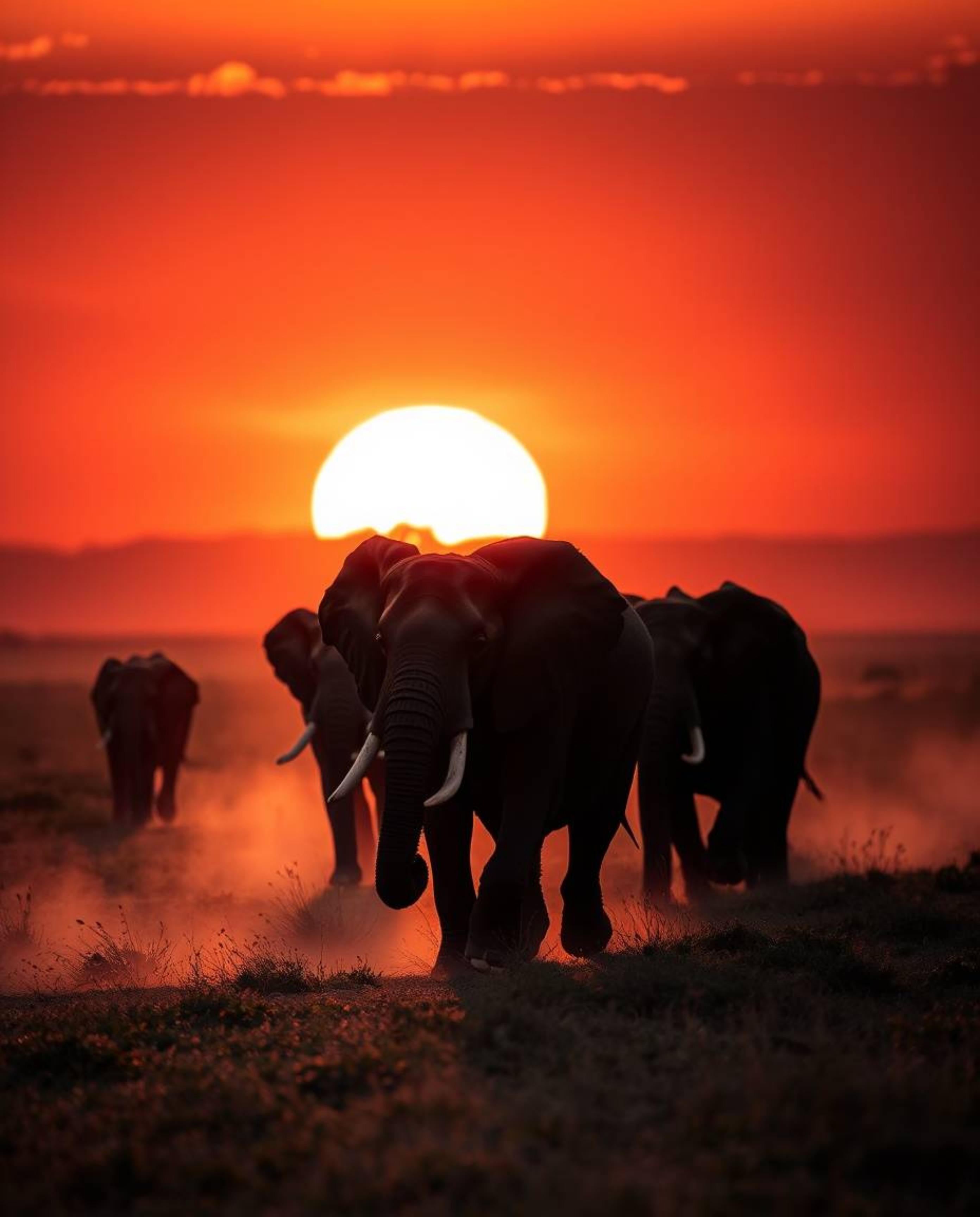 Elephants walking across a sunset field bathed in intense jet-black volumetric lighting, with visible light beams cutting thr