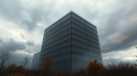 An eerie and captivating scene unfolds as a modern glass building appears to dissolve into a soft, cloudy sky, creating a pow