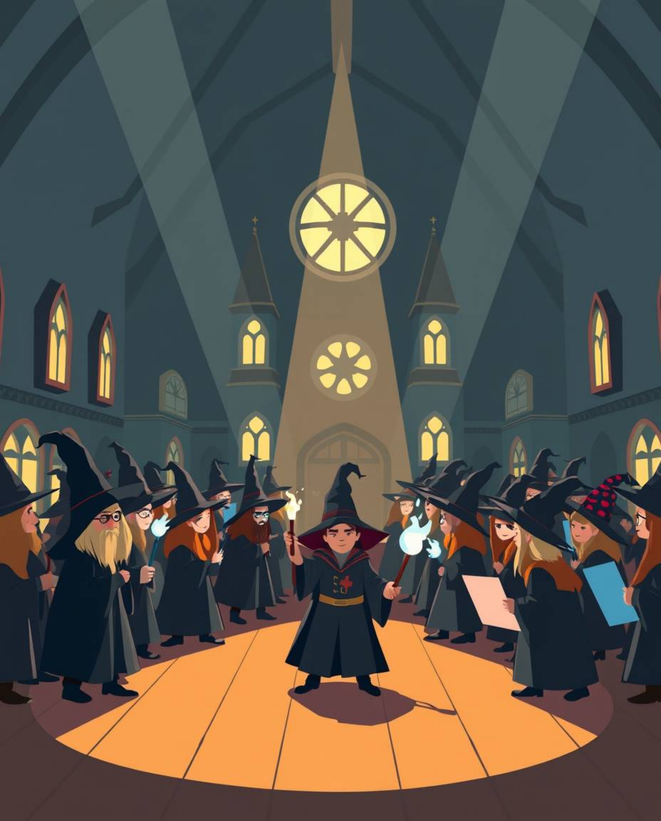 A captivating modern flat design illustration depicts a magical school brimming with young wizards.  The artwork features hig