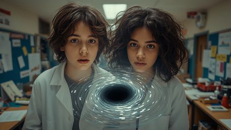 A highly detailed, cinematic photograph captures a dynamic duo of two diverse young scientists in a cluttered high school sci