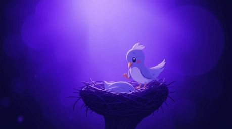 Two cartoon birds meticulously build a nest in a classic animation style, bathed in deep ultraviolet hues. The scene evokes