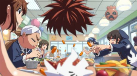 Witness a chaotic and hilarious food fight unfold in a vibrant, cartoon cafeteria setting, rendered in an Isekai anime style.