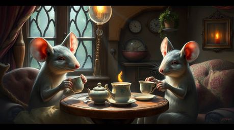 A dramatic cinematic digital painting depicts anthropomorphic mice enjoying tea in a cozy cottage.  The artwork incorporates 