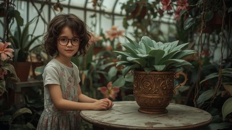 In a highly detailed, cinematic photograph with a whimsical, Pixar-inspired style, a bright-eyed, bespectacled young homescho