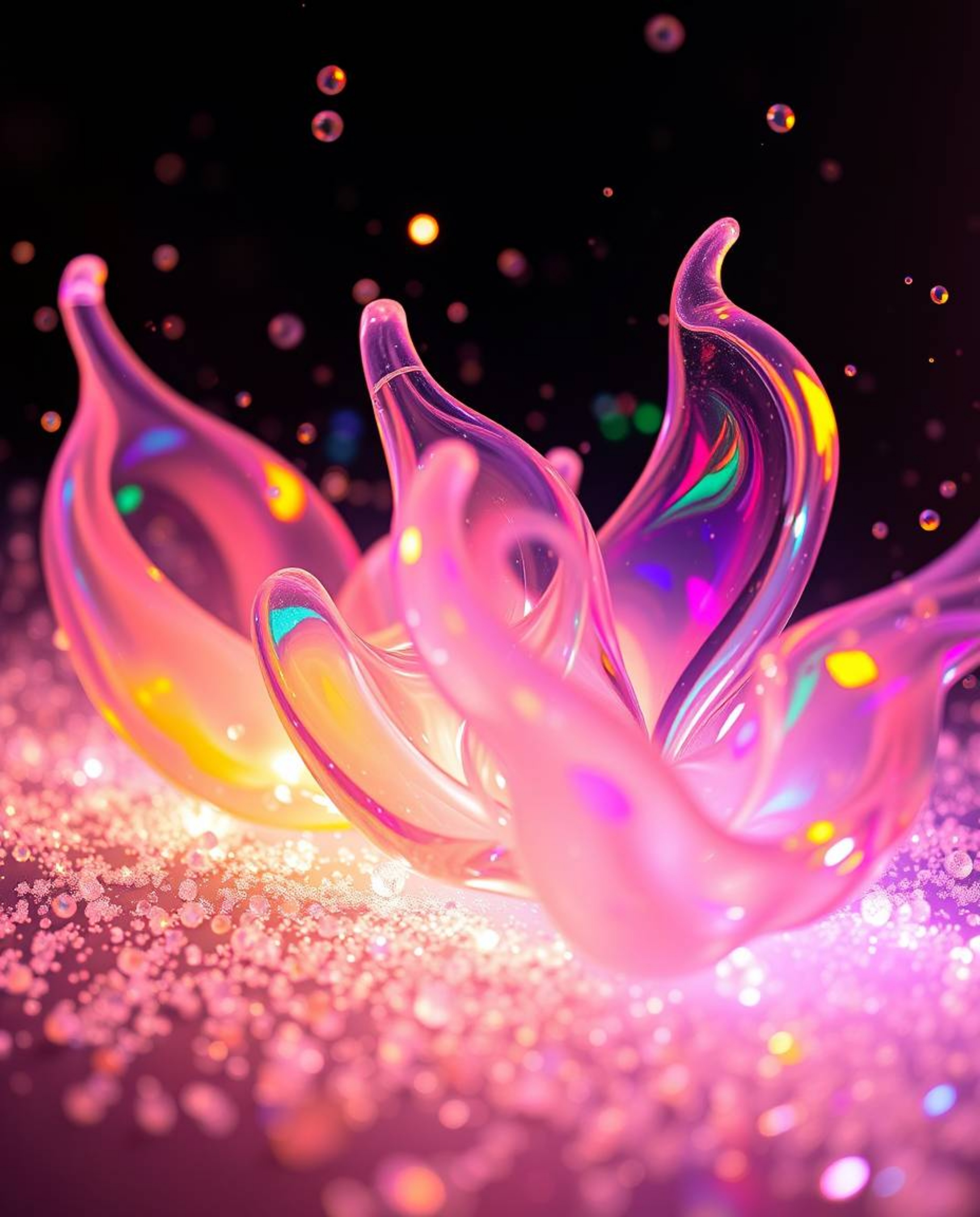 Explore captivating light art where iridescent colors bring to life glassy, fluid 3D shapes in mesmerizing motion. Glowing pa