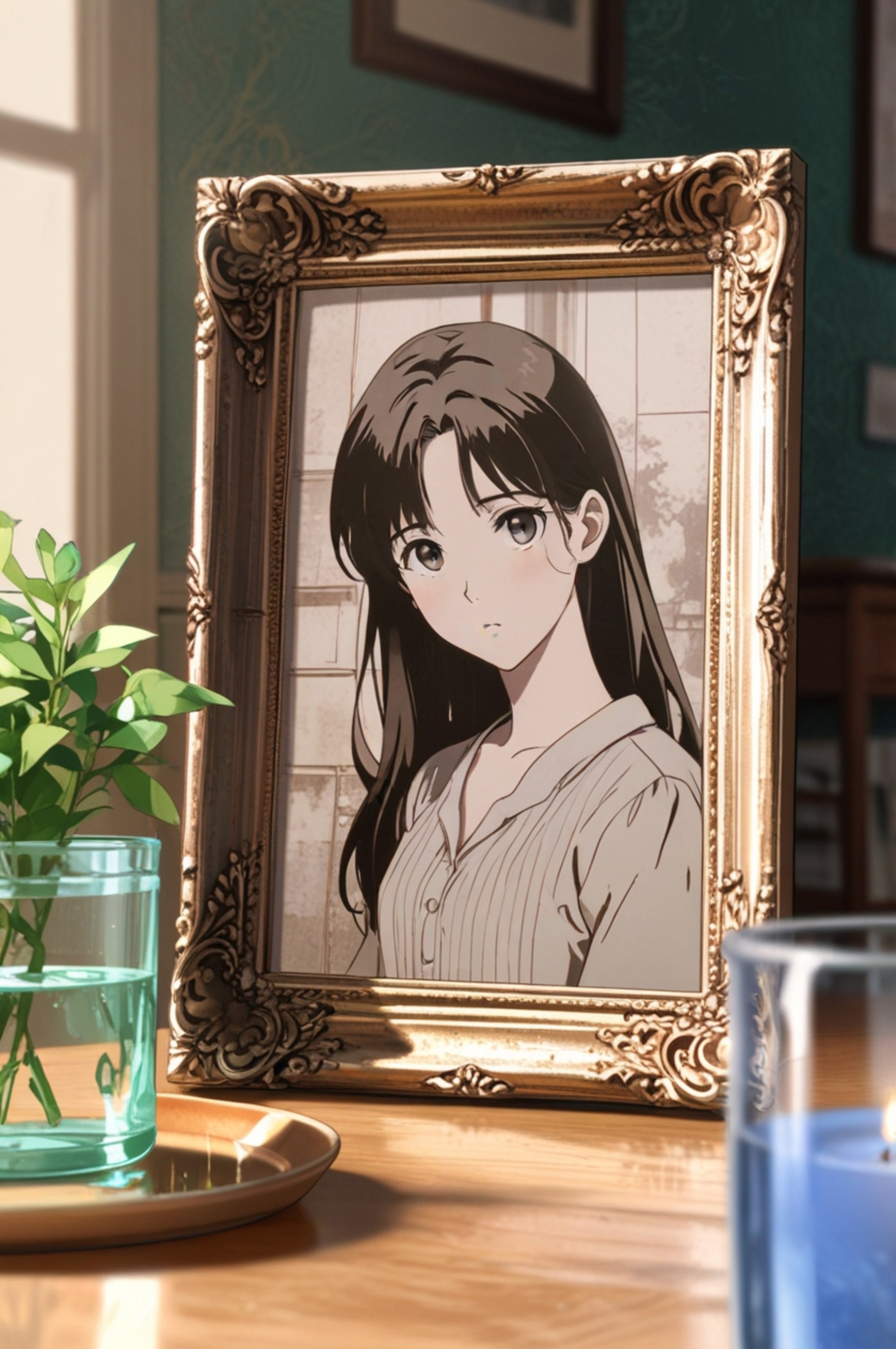 A captivating scene featuring an ornate silver frame showcasing a vintage photograph, elegantly positioned on a table alongsi