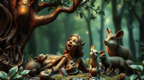 Imagine a princess serenading forest animals in a beautifully rendered vintage 2D animation style, cast in bronze with an ant