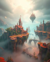 Explore an ethereal and spiritual landscape captured in this vibrant photograph. A colorful kingdom with floating islands and