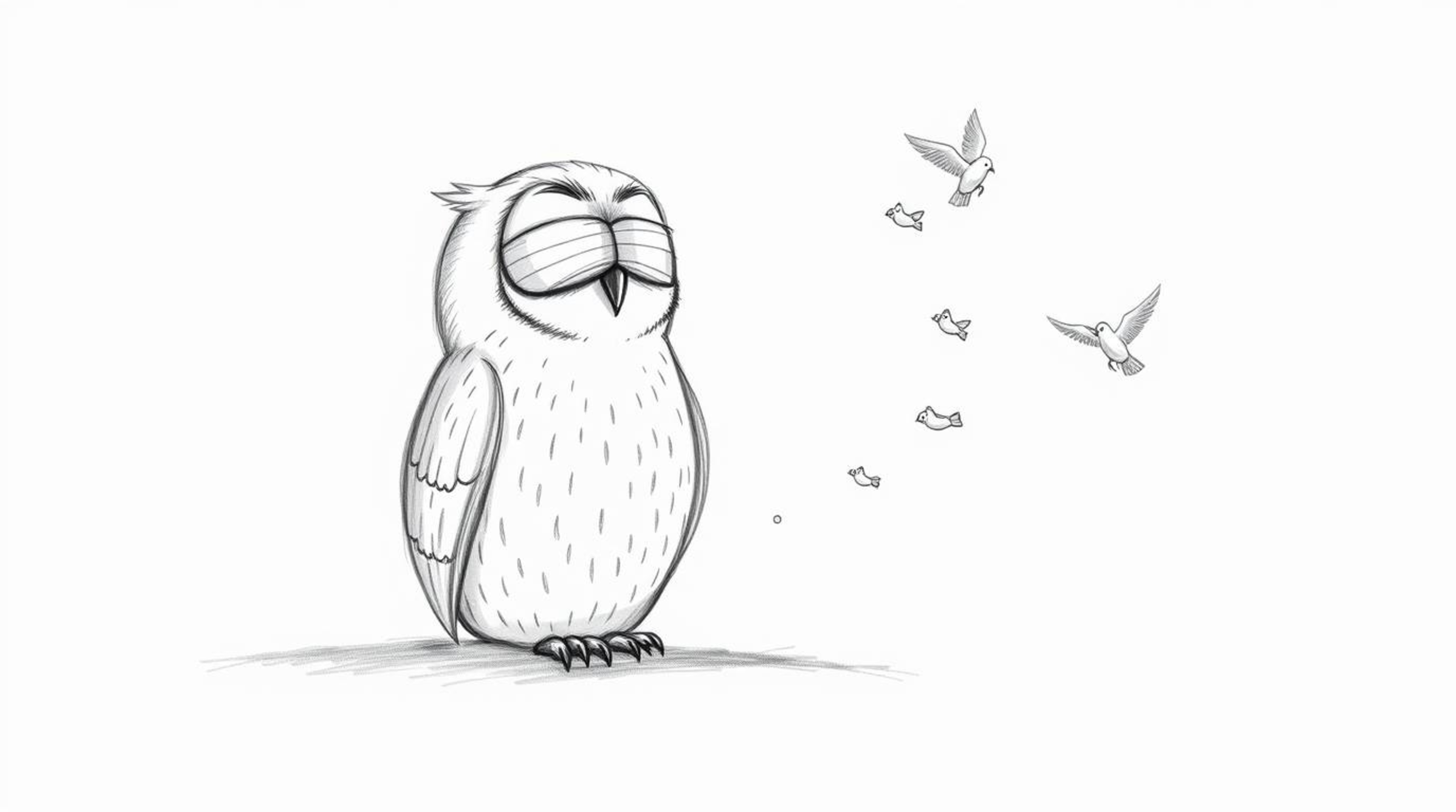 A heartwarming hand-drawn sketch in Pixar style features a blind owl, rendered with soft, textured pencil strokes on a clean 