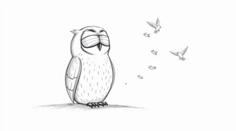 A heartwarming hand-drawn sketch in Pixar style features a blind owl, rendered with soft, textured pencil strokes on a clean 