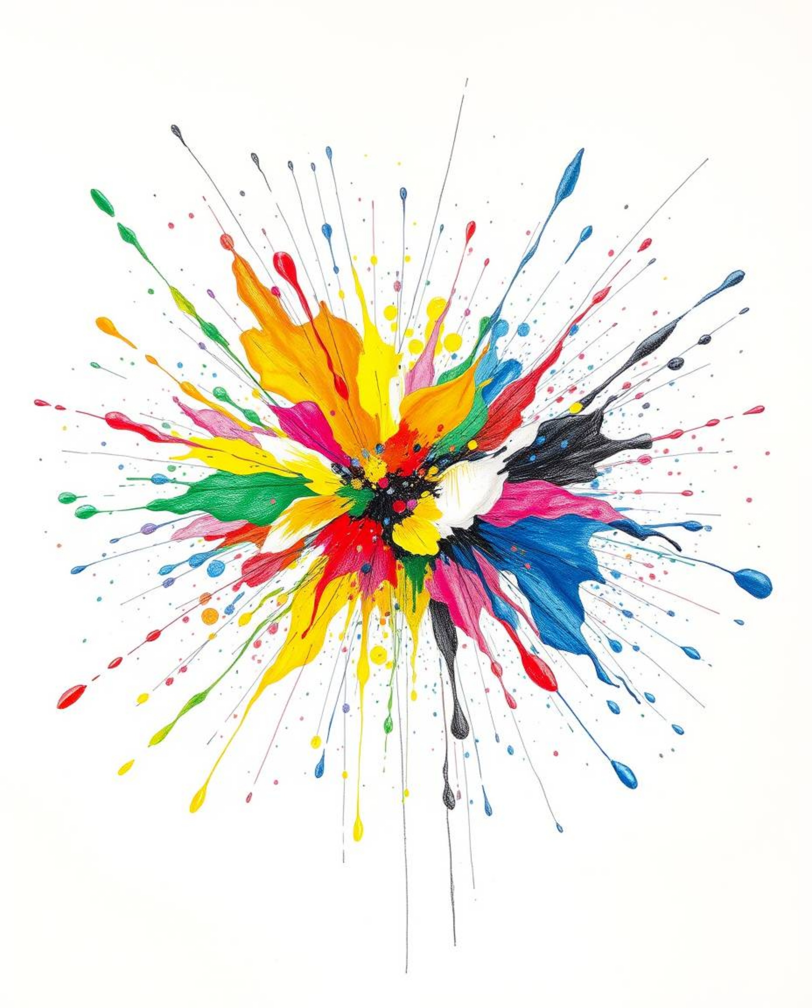 A captivating high-contrast, hand-drawn sketch showcasing a vibrant explosion of colorful paint splashes on a pristine white 