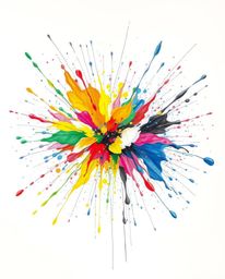A captivating high-contrast, hand-drawn sketch showcasing a vibrant explosion of colorful paint splashes on a pristine white 