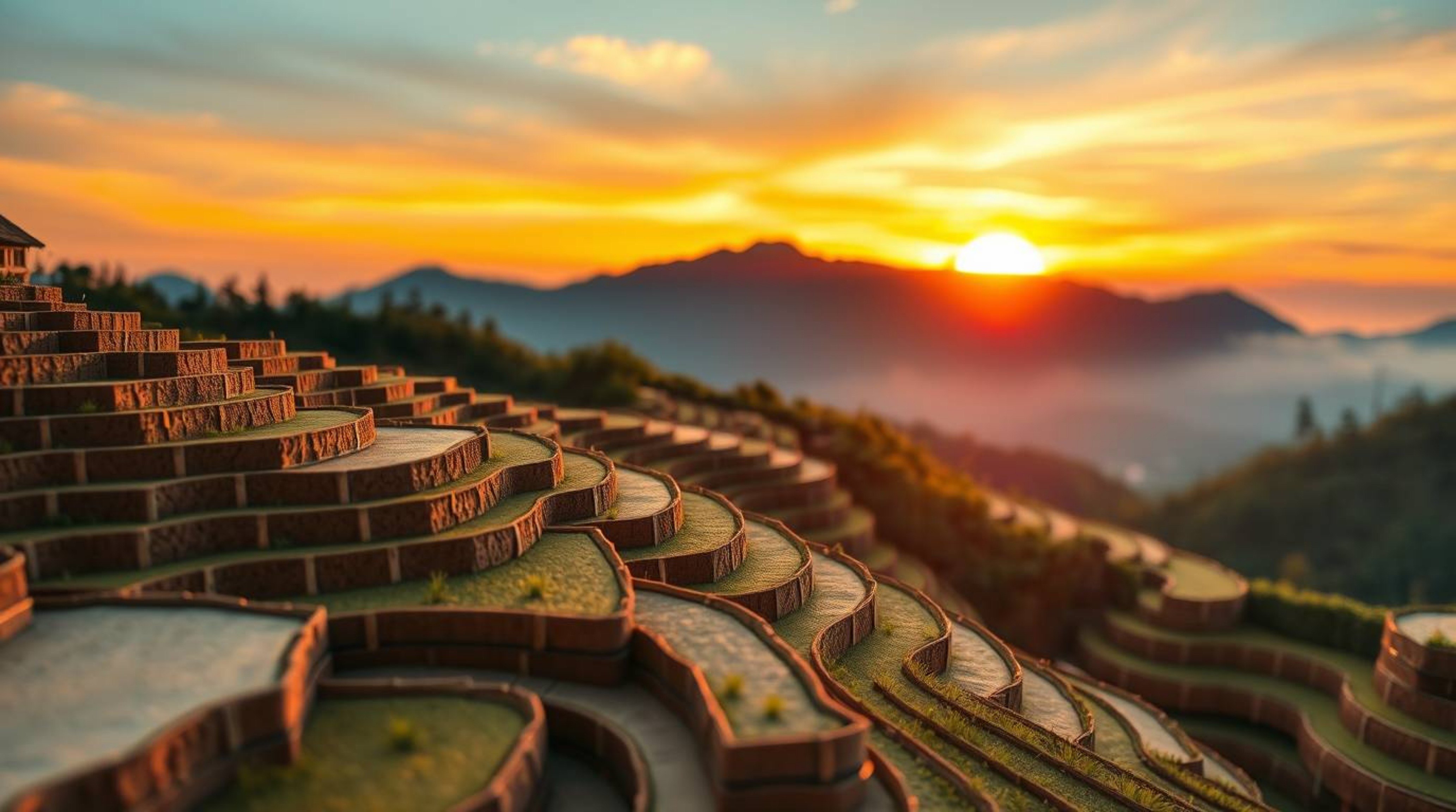 This stunning papier-mâché artwork captures a tight close-up of a breathtaking sunset over rice terraces nestled in the mount