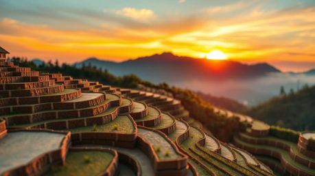 This stunning papier-mâché artwork captures a tight close-up of a breathtaking sunset over rice terraces nestled in the mount