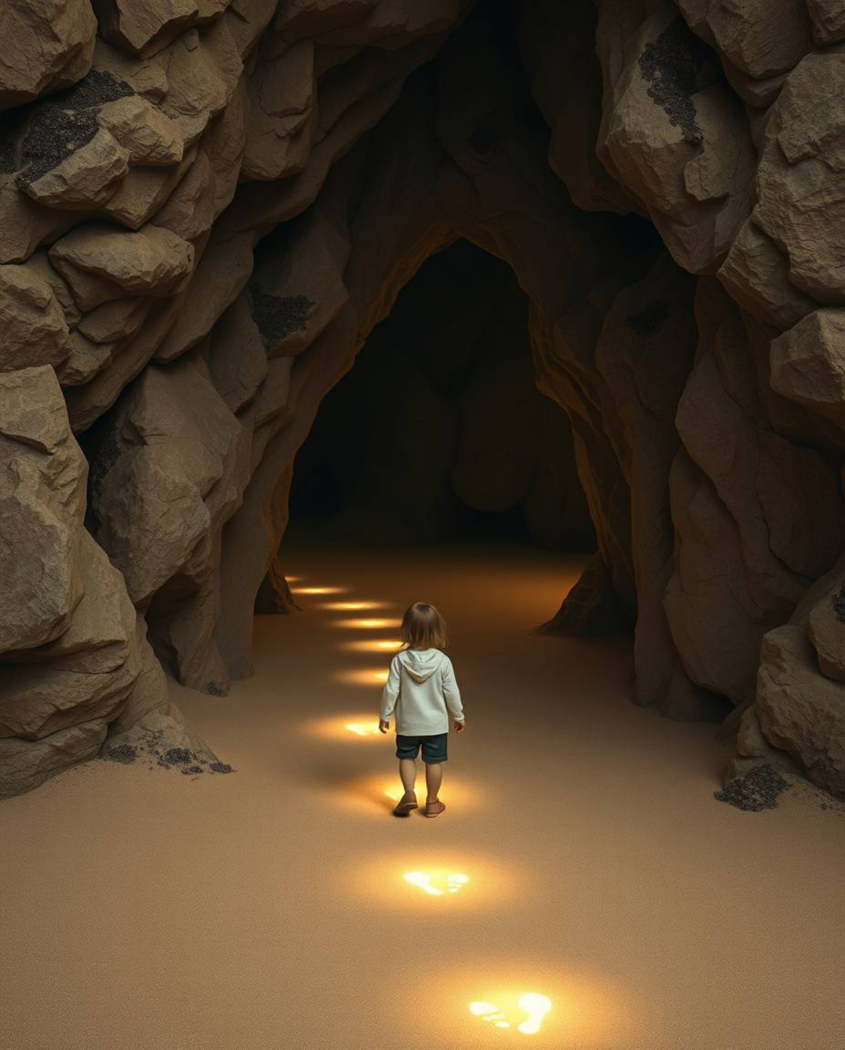 A child embarks on a captivating journey, following a trail of luminous footsteps into a mystic cave filled with an ethereal 