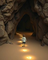 A child embarks on a captivating journey, following a trail of luminous footsteps into a mystic cave filled with an ethereal 
