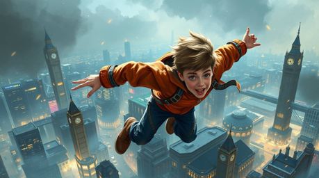A dynamic digital sketch depicts a young boy with a heroic posture, soaring above a futuristic London cityscape. Pixie dust s