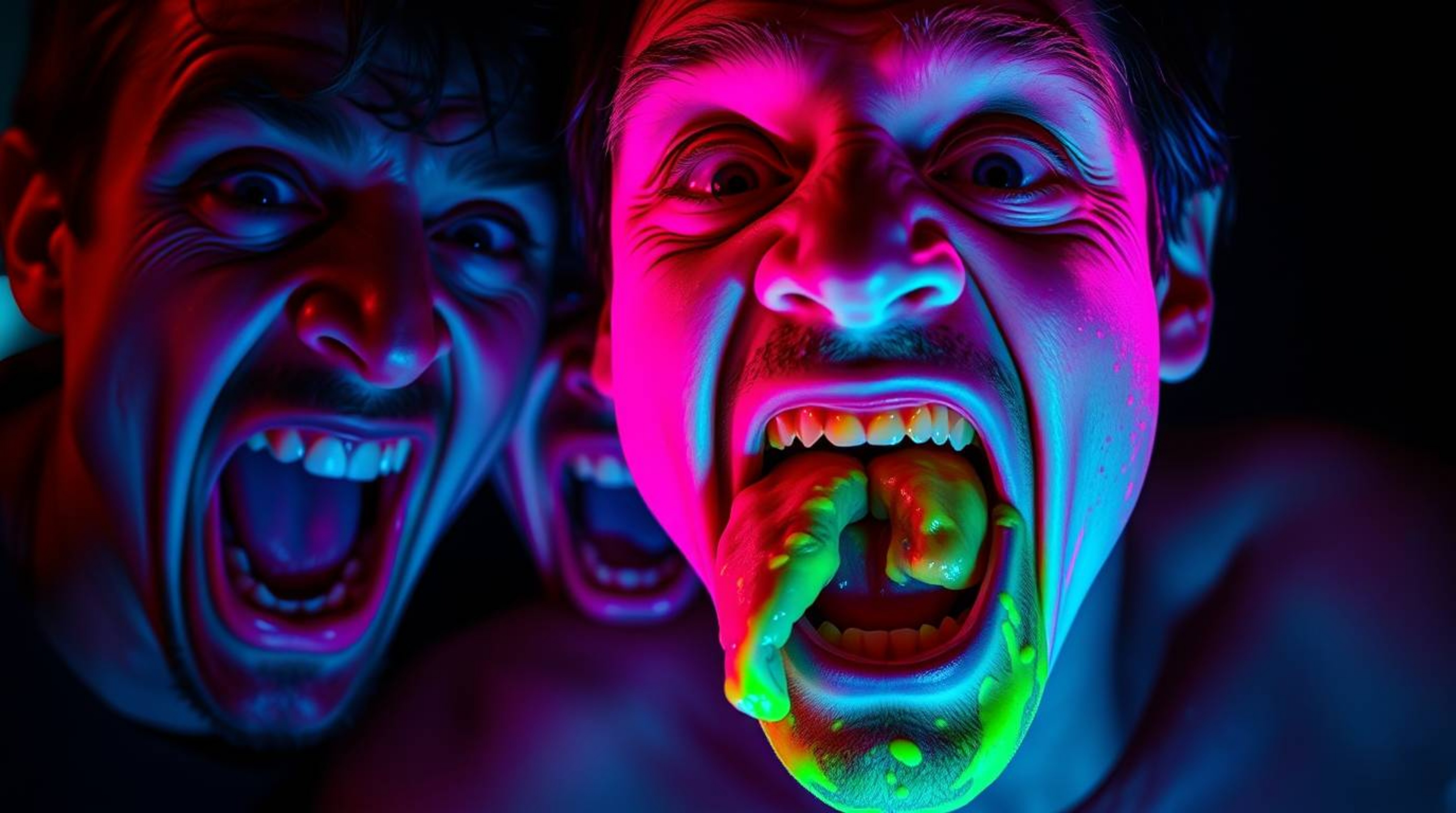 Experience a side-splitting gross-out comedy moment amplified by exaggerated expressions and mesmerizing bioluminescent color