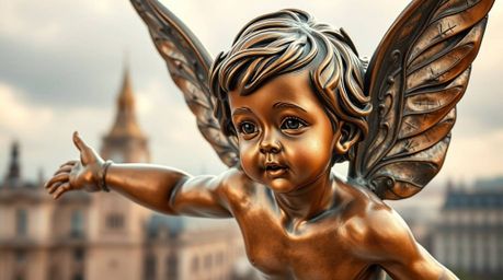 A captivating image of an adorable young boy with rosy cheeks, seemingly flying above the iconic London skyline.  The bronze 