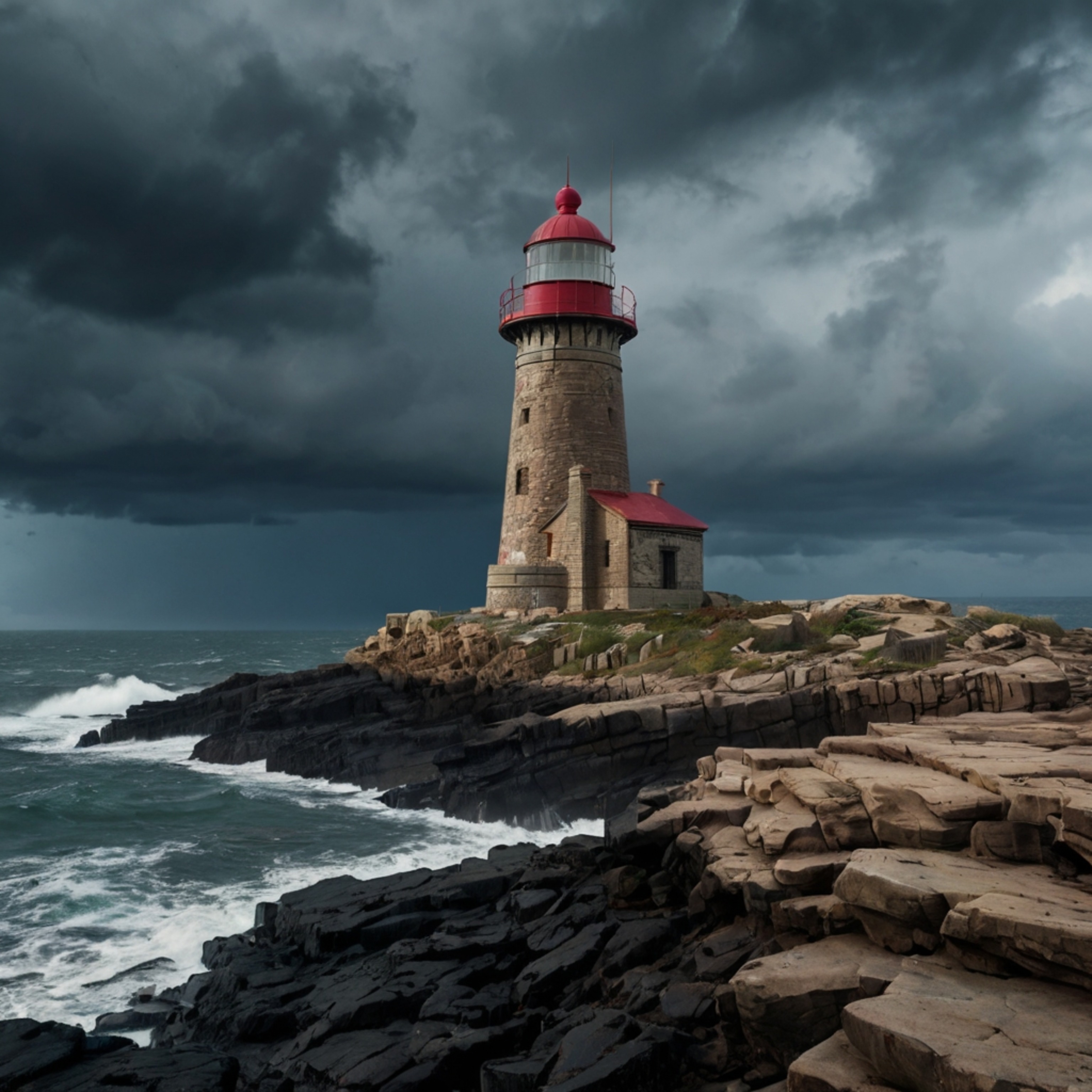 A captivating image depicts an old, weathered lighthouse standing proudly on a rocky cliff, its beacon overlooking the vast o