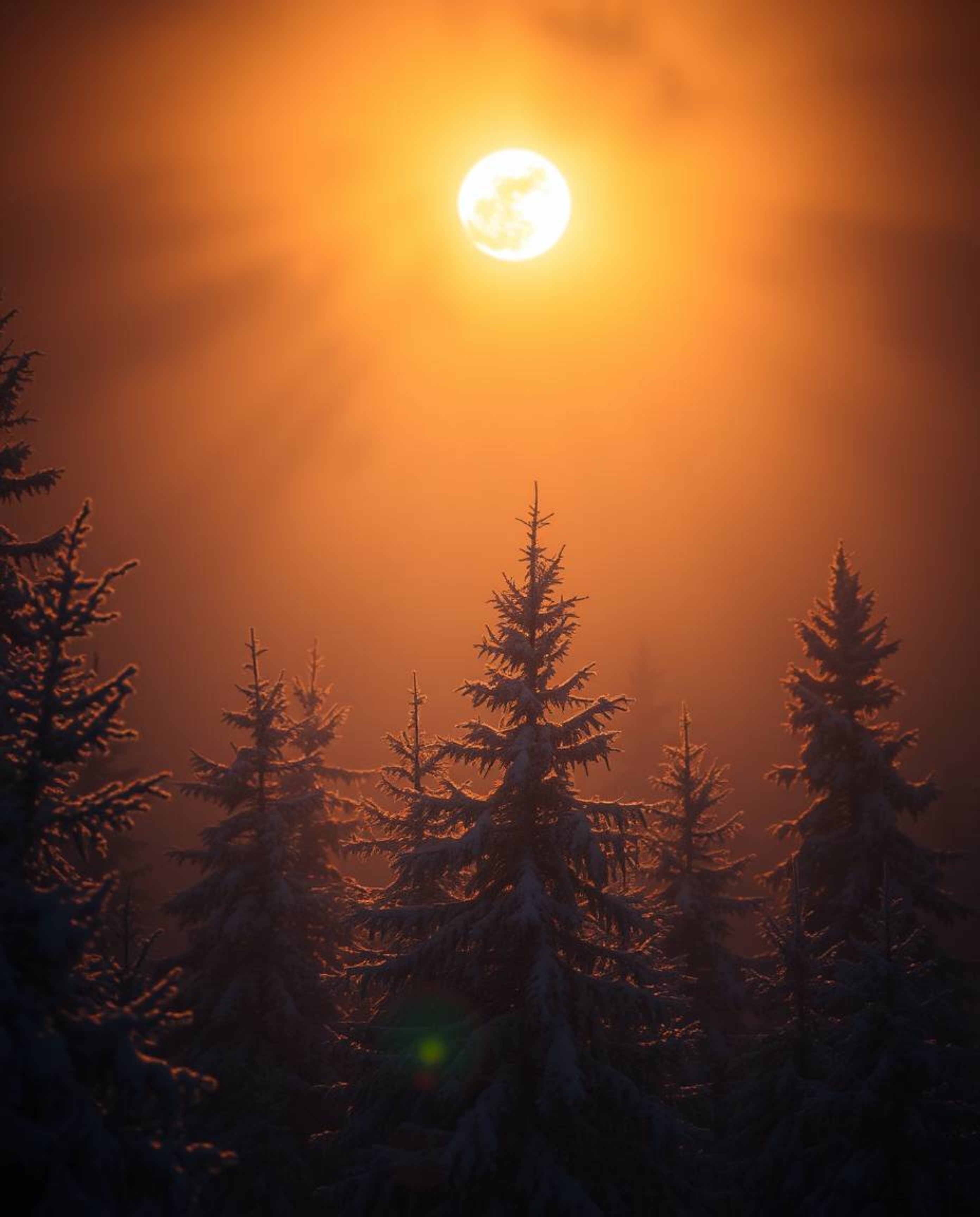 An intense, dramatic lighting scheme creates a soft, dreamy atmosphere in this depiction of sunset light sparkling on snowy p