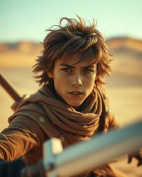 A brave, Disney-esque hero embarks on a thrilling desert adventure.  This cinematic scene is captured with a blurred bokeh ef