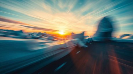 A dynamic action-pose composition capturing a blurred, motion-filled sunset over icy polar glaciers. The image emphasizes spe