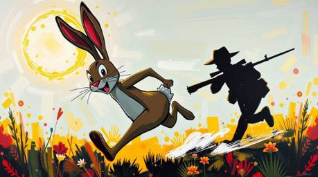 This vibrant acrylic painting depicts a wacky rabbit in a comical chase, outrunning a hunter with slapstick humor. The bold c