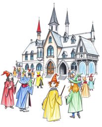 A captivating hand-drawn sketch depicting a magical school brimming with young wizards.  The illustration features vibrant co