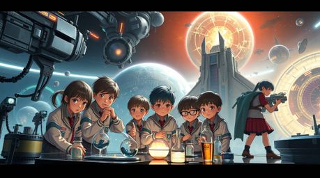 Dive into an epic sci-fi scene featuring a group of quirky children in school uniforms conducting massive, heroic experiments