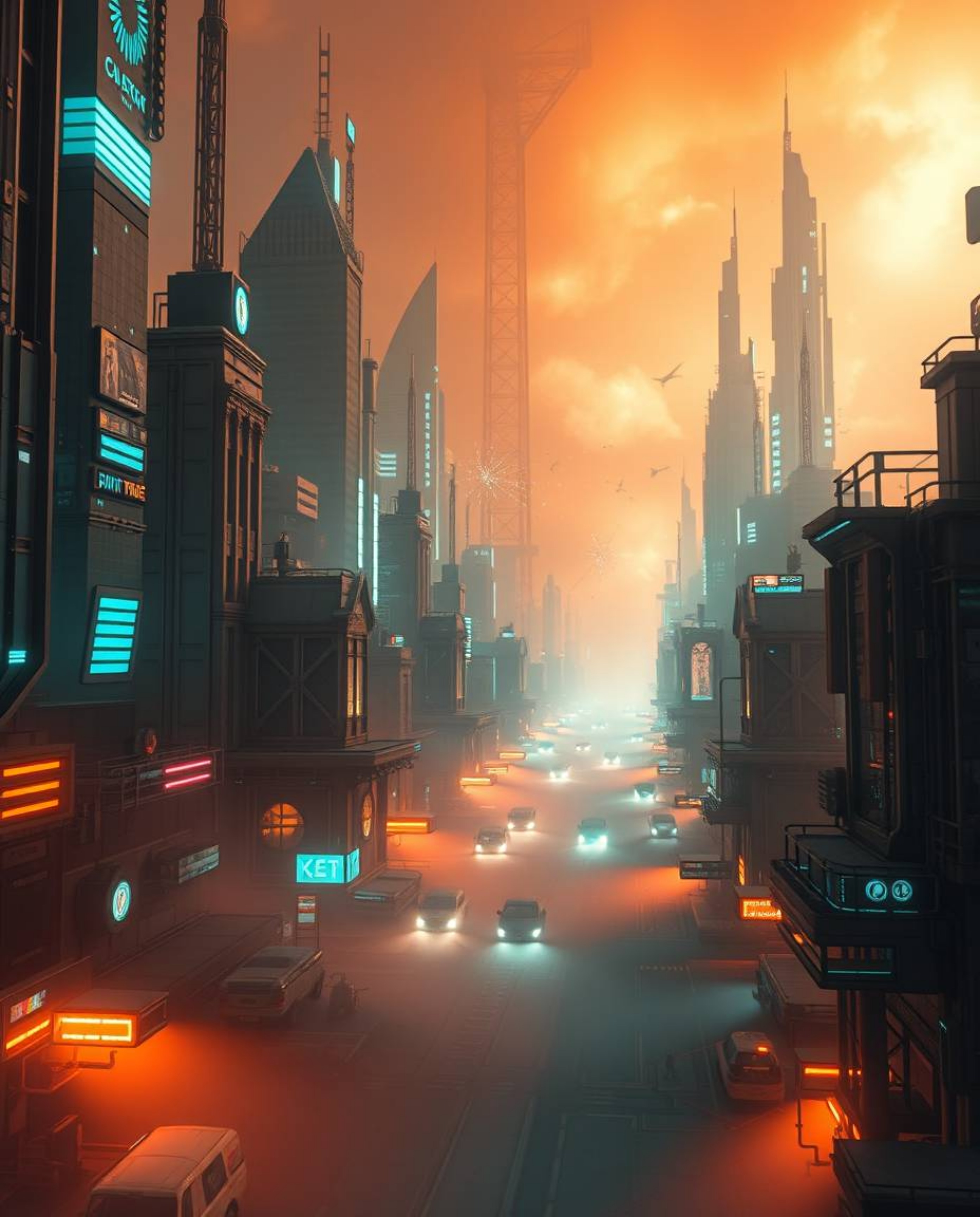 Explore a stunning futuristic city rendered in a captivating glitch aesthetic.  Bathed in warm terracotta and cool teal volum