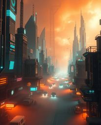 Explore a stunning futuristic city rendered in a captivating glitch aesthetic.  Bathed in warm terracotta and cool teal volum