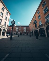 This stunning low-angle photograph captures an empty town square dominated by the sound of ticking clocks. The image showcase