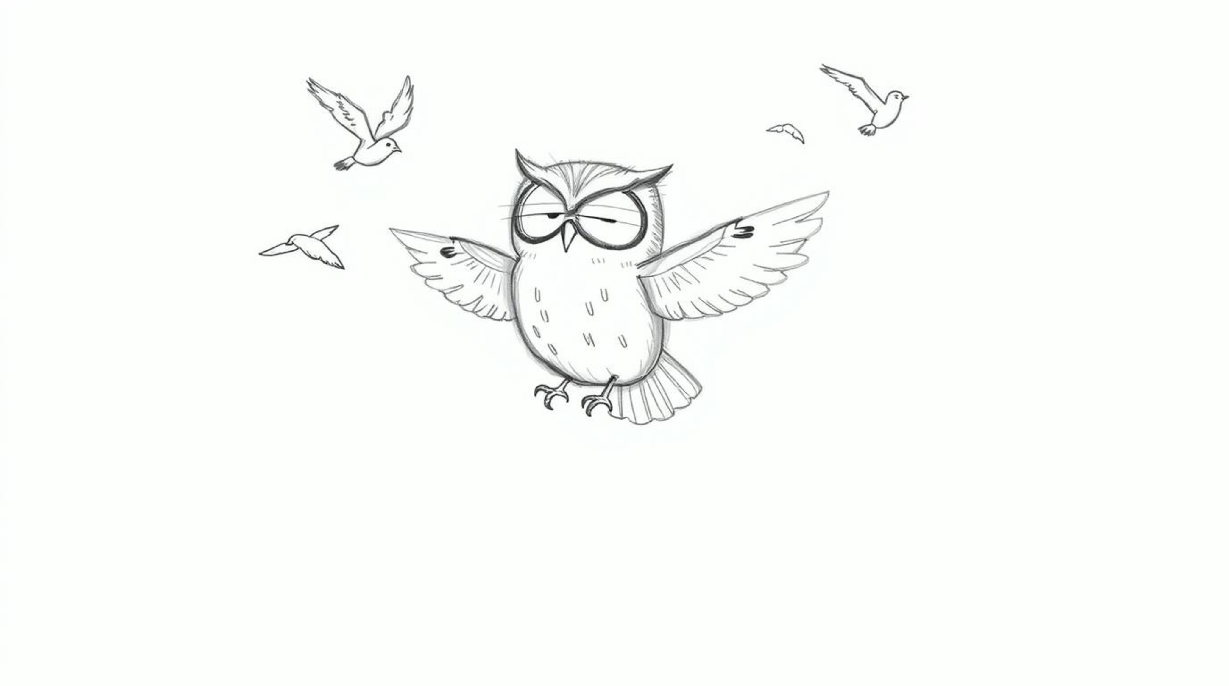 A charming hand-drawn sketch in the style of Pixar depicts a blind owl, with soft features, magically teaching birds to fly. 