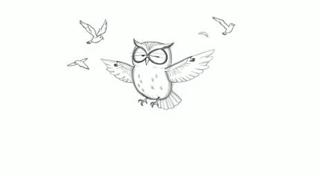 A charming hand-drawn sketch in the style of Pixar depicts a blind owl, with soft features, magically teaching birds to fly. 