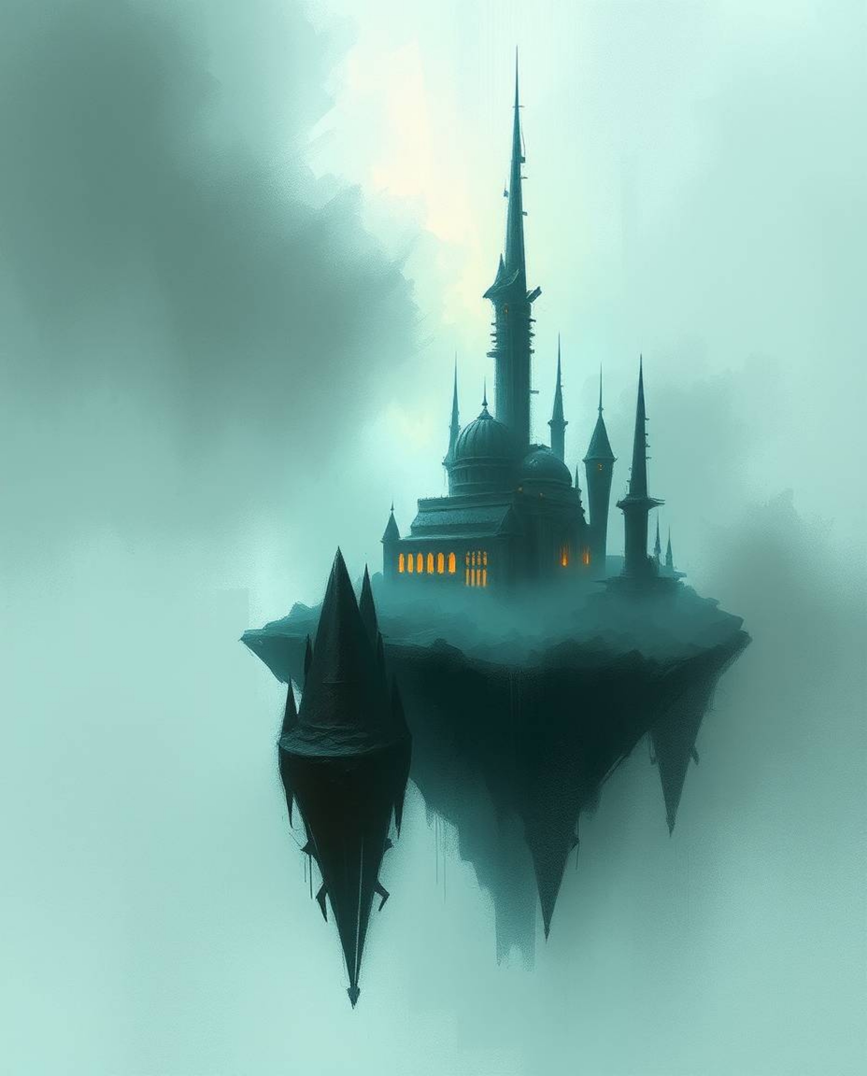 A misty atmospheric digital sketch depicts a surreal floating island with strange architecture, rendered with dynamic, rough