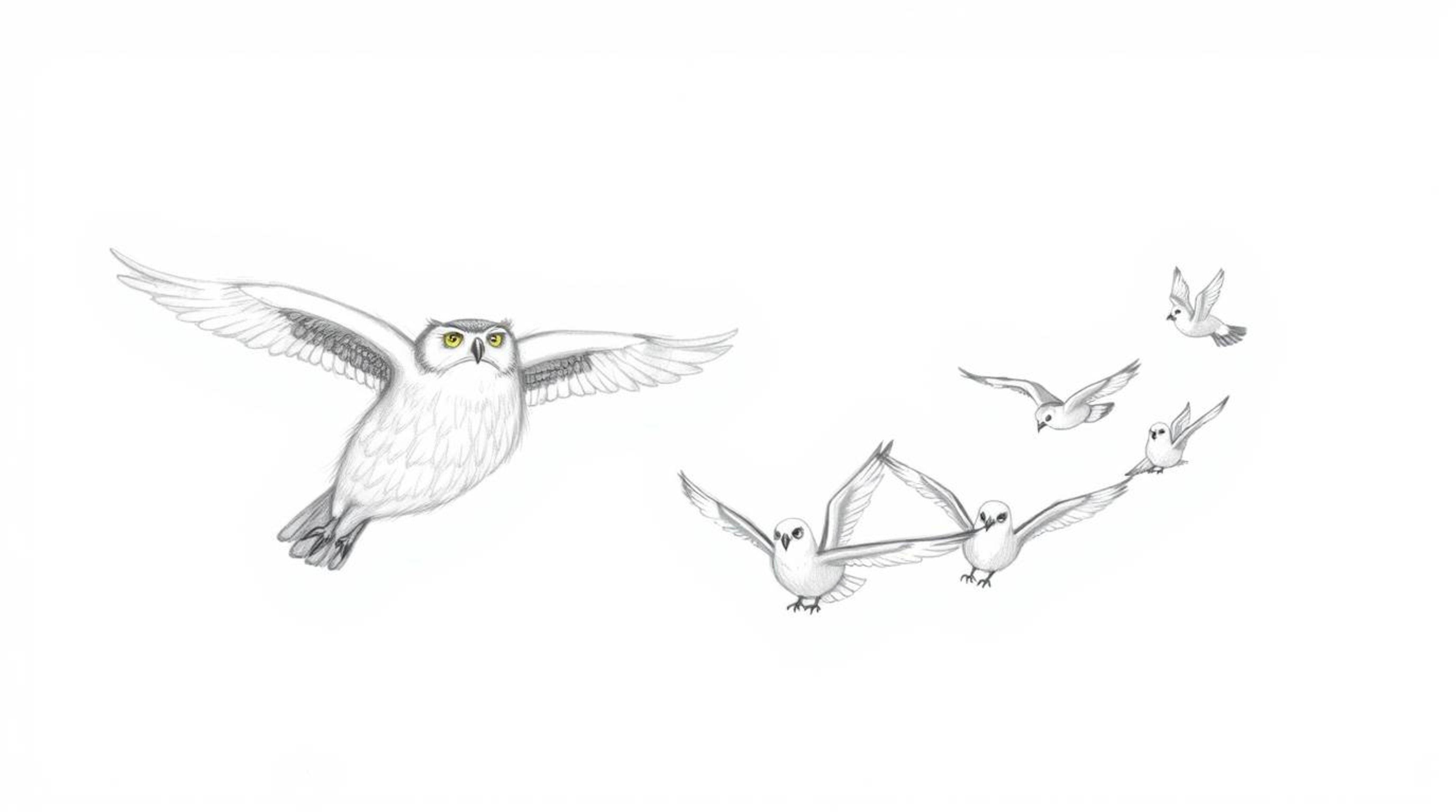 A heartwarming hand-drawn sketch in Pixar style portrays a blind owl with meticulously detailed feathers, guiding a group of