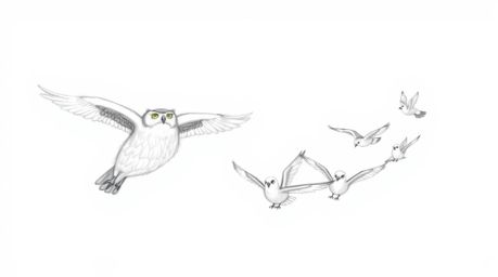 A heartwarming hand-drawn sketch in Pixar style portrays a blind owl with meticulously detailed feathers, guiding a group of 