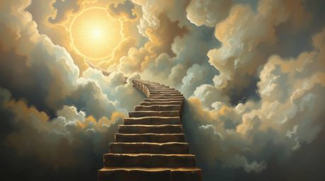 A classic oil painting showcasing a surreal stairway that spirals through ethereal smoky clouds, leading towards a radiant ce