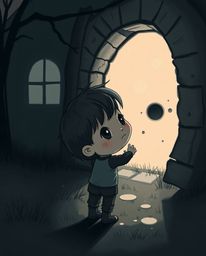 A captivating moody style illustration depicts a child with wide, expressive eyes as they stumble upon a magical portal in th