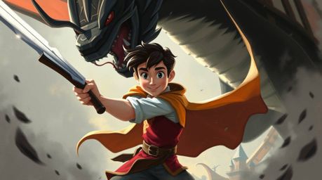 A charming prince, rendered in a dynamic 1950s animation style digital sketch, gracefully battles a fearsome dragon. The sce