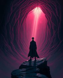 A captivating surreal image depicts a figure with sharp features standing at a tunnel's entrance, gazing towards a radiant li