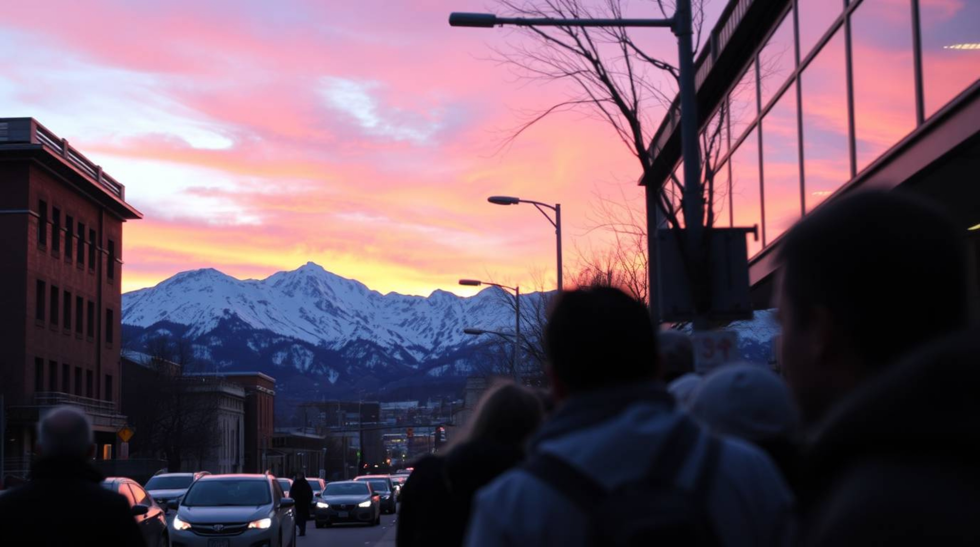 A striking candid street photograph captures an urban scene with snow-capped mountains dramatically glowing under an electric