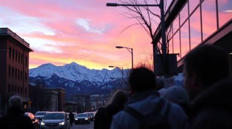 A striking candid street photograph captures an urban scene with snow-capped mountains dramatically glowing under an electric