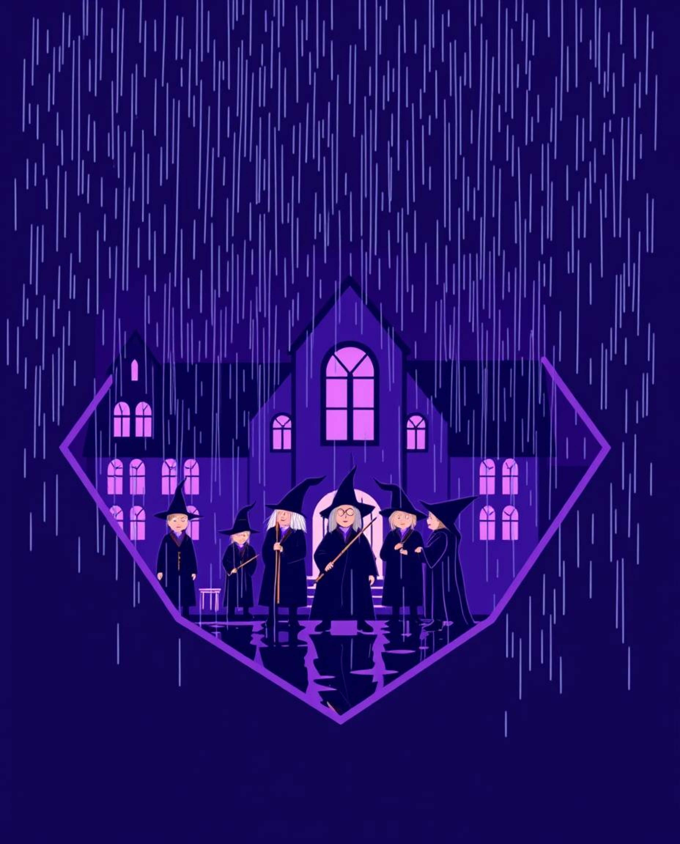 This logo depicts a magical school brimming with young wizards, all under a gentle, drizzling rain. The design features geome