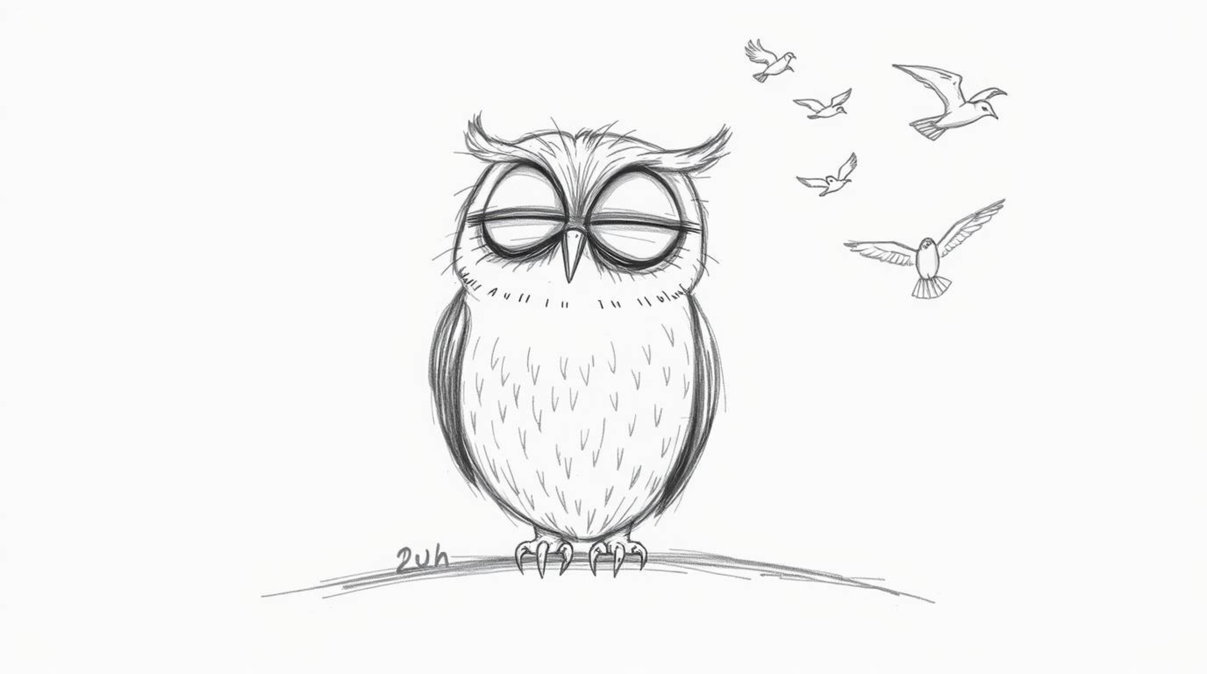 A heartwarming image of a blind owl, rendered in a Pixar-esque style, whispering encouragement to birds as they bravely take 