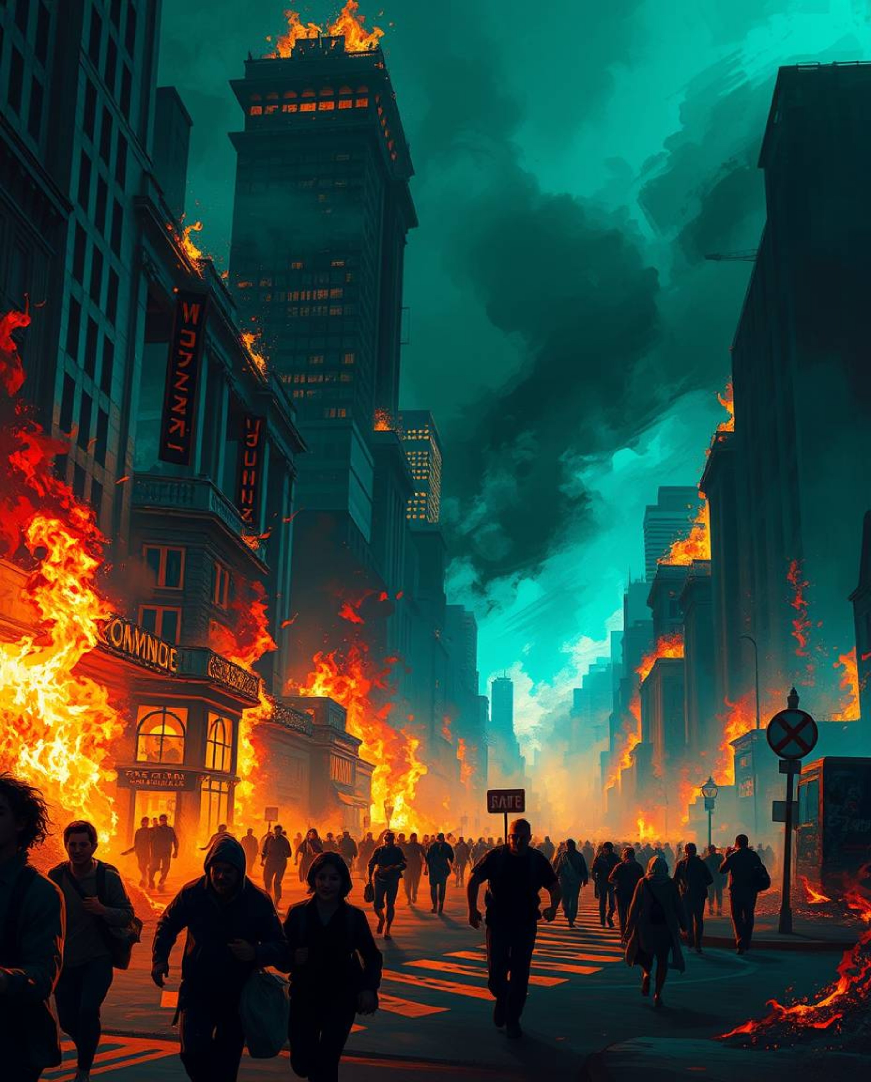 A vibrant digital painting depicting a city consumed by flames, with figures desperately fleeing the chaos. Rendered in a lux
