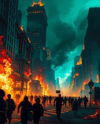 A vibrant digital painting depicting a city consumed by flames, with figures desperately fleeing the chaos. Rendered in a lux